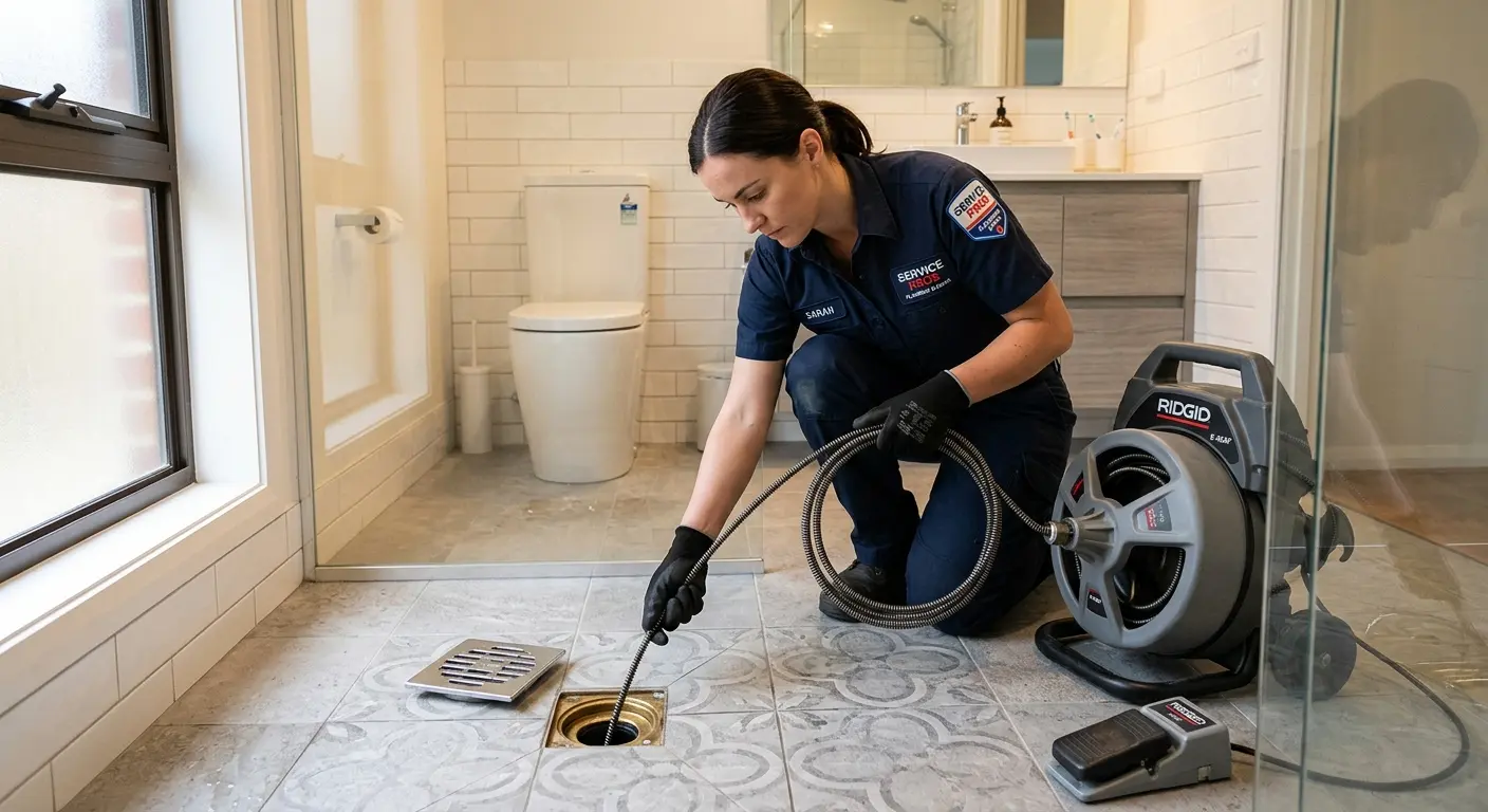 Technician clearing a bathroom floor drain for Sewer Line Installation in Ypsilanti